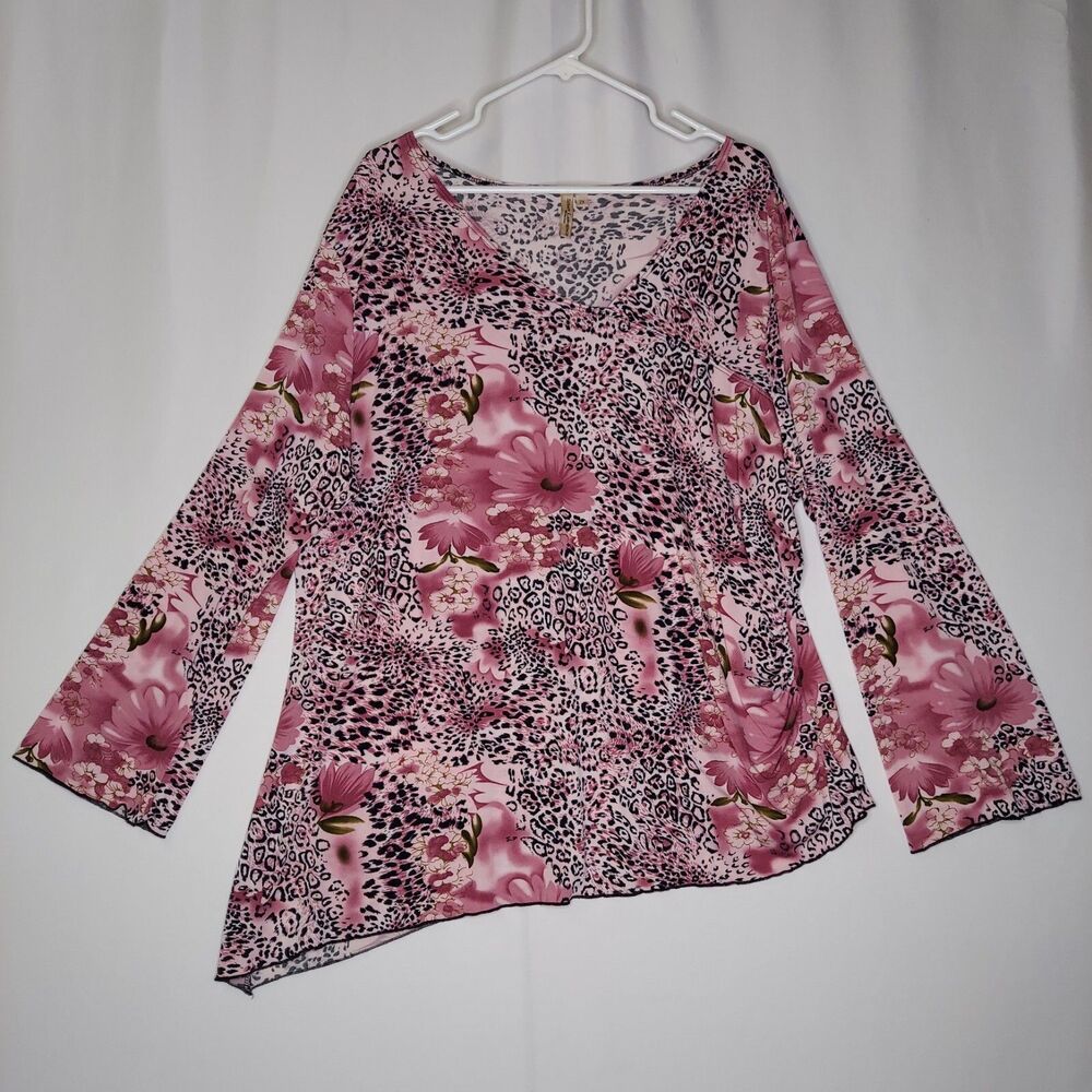 Susan Lawrence‎ Asymmetric Top Womens 2X Pink Animal Floral 3/4 Grunge Y2k Vtg
